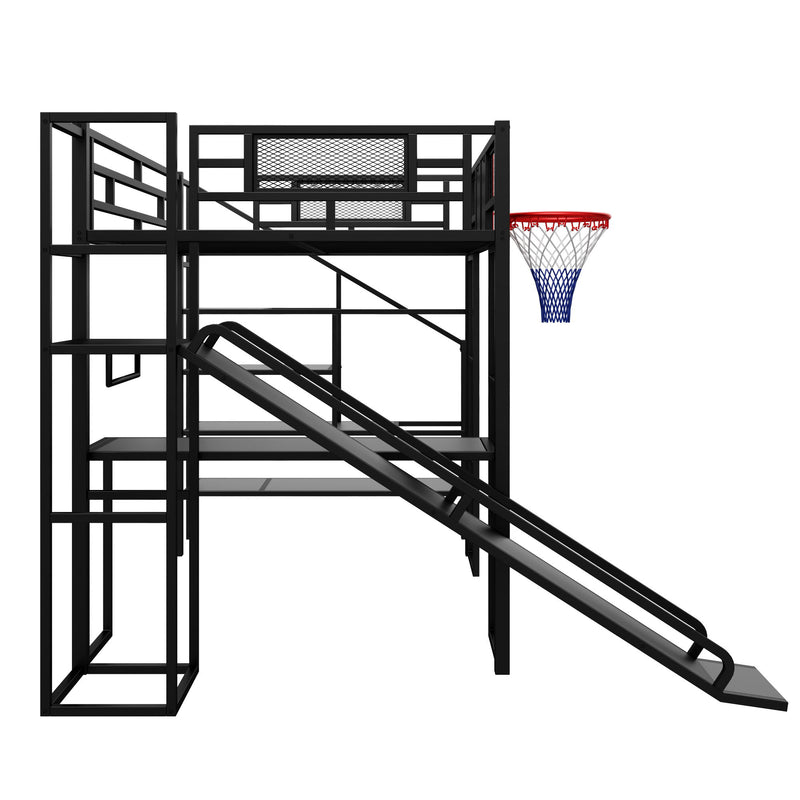 Loft Bed With Built In Desk, Open Wardrobe, Basketball Hoop, Slide And Staircase