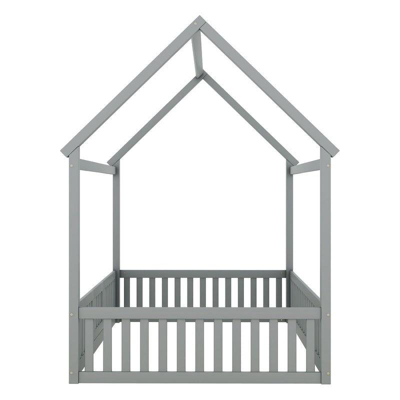 Wood House Bed With Fence And Door