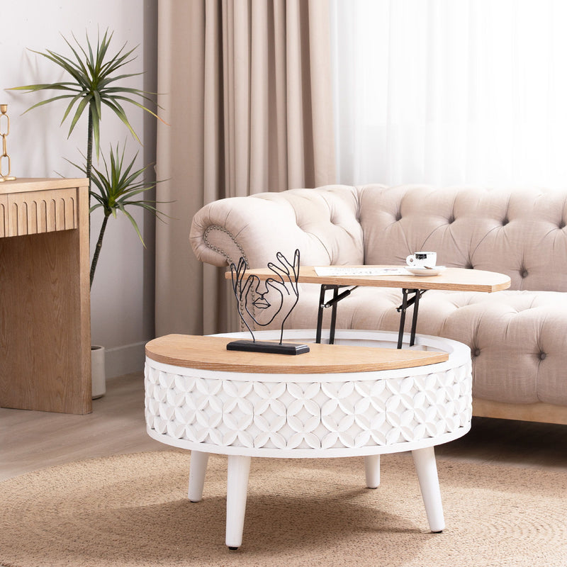 Round Coffee Table With Storage - White / Light Oak