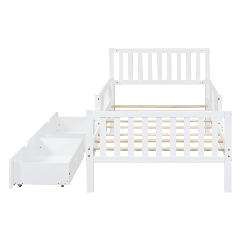 Platform Bed With Guardrails On Both Sides And 2 Storage Drawers