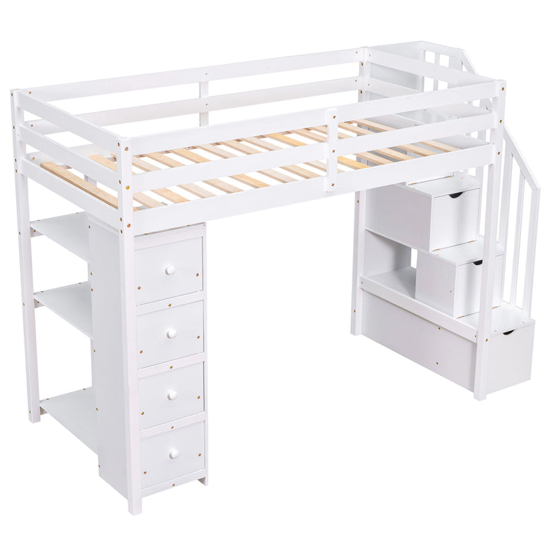 Loft Bed With Storage Drawers And Stairs With Shelves