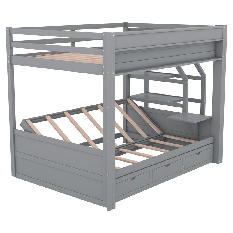 Wood Full Size Convertible Bunk Bed With Storage Staircase, Bedside Table, And 3 Drawers - Gray