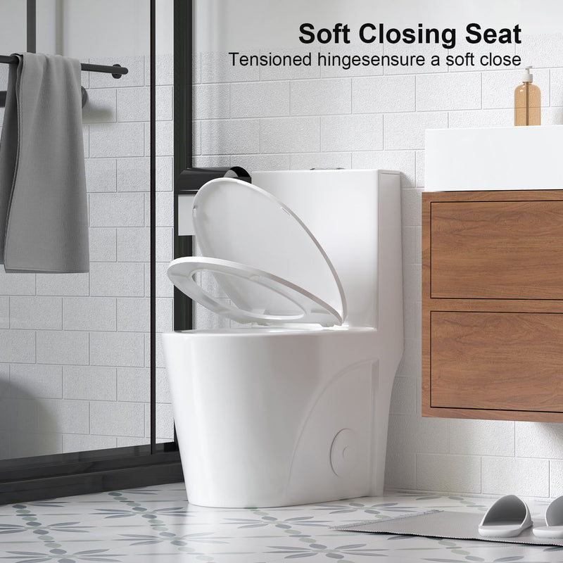 Glossy Tornado Flush 1 Piece Toilet With Dual Flush, Soft Close Seat - Gloss White