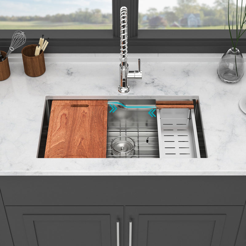 33" Undermount Kitchen Sink Single Bowl Ledge Workstation In 16 Gauge Stainless Steel - Brushed Nickel