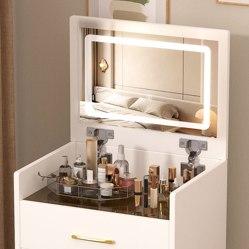 Compact 3 In 1 Vanity Desk With Open Top Mirror, Glass Desktop, 5 Height - White