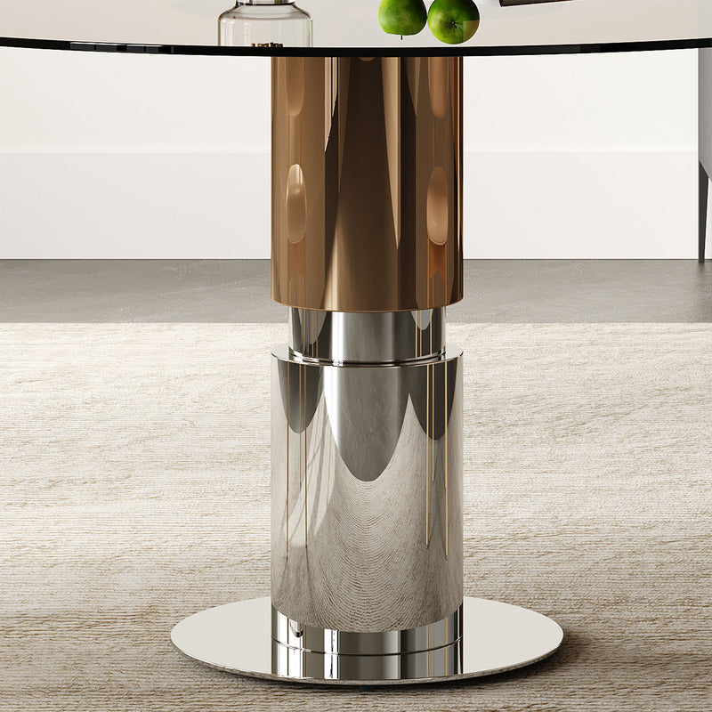 Round Dining Table & Tempered Glass Top - Brown
