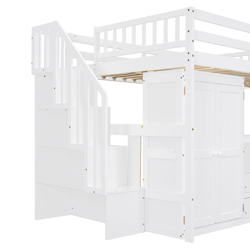 Loft Bed With Stairs, Bookshelf, Drawers, Desk & Wardrobe, Space Saving Multifunctional Furniture