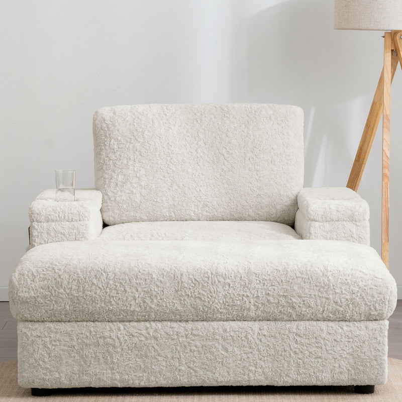 Oversized Chaise Lounge Indoor Rabbit Fur Sofa Bed With Storage Ottoman And Armrests Cup Holders With Deep Seat