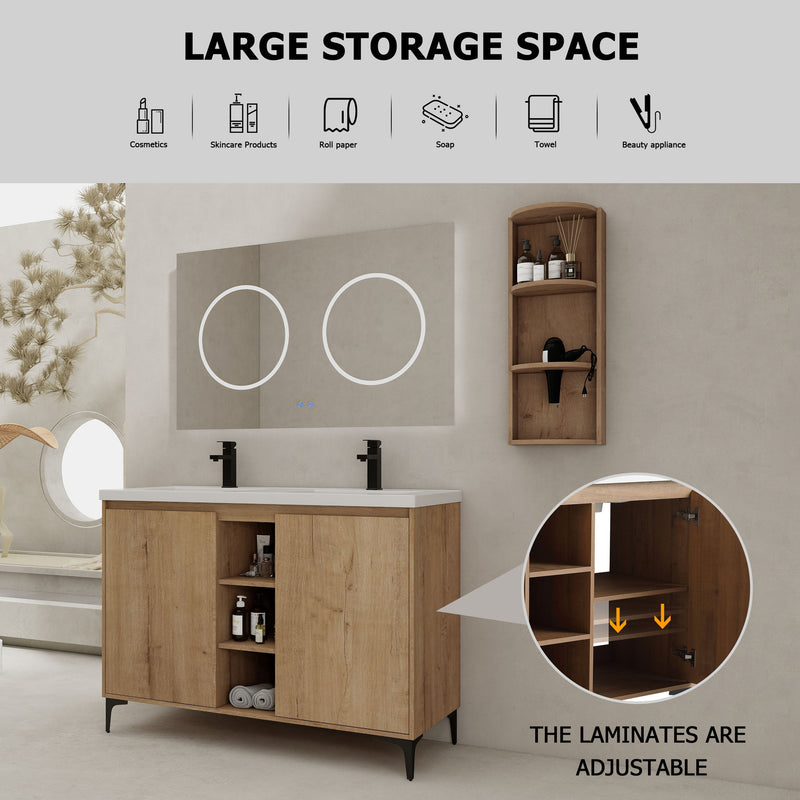 Elegant 48" Freestanding Bathroom Vanity With Double Resin Sink And Storage Rack Soft Close Doors - Imitative Oak