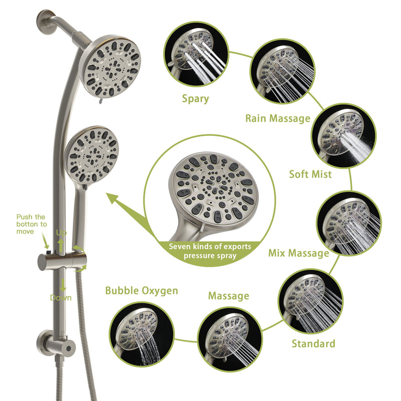 Multi Function Dual Shower Head Shower System With 4.7" Rain Showerhead, 7 Function Hand Shower, Adjustable Slide Bar - Brushed Nickel