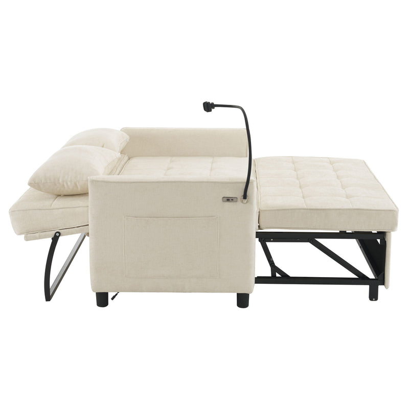 Pull-Out Sleeper Sofa With Reversible Backrest Cushion, Side Pockets, 2 USB Ports And A Phone Holder For Living Room