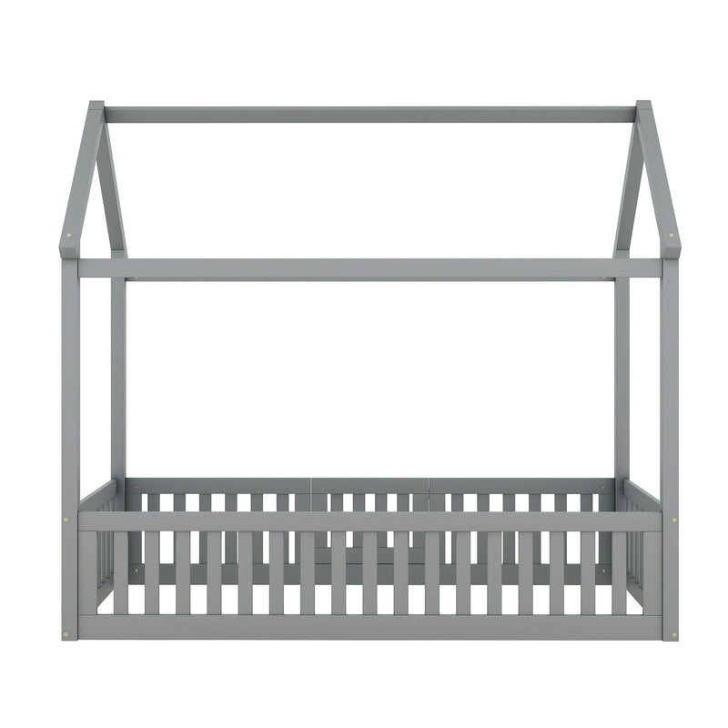 Wood House Bed With Fence And Door