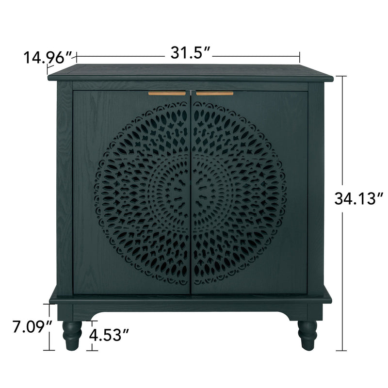 Hollow Carved 2 Door Accent Cabinet With Adjustable Shelf, Sideboard Buffet For Entryway, Living Room Or Bedroom - Blackish Green