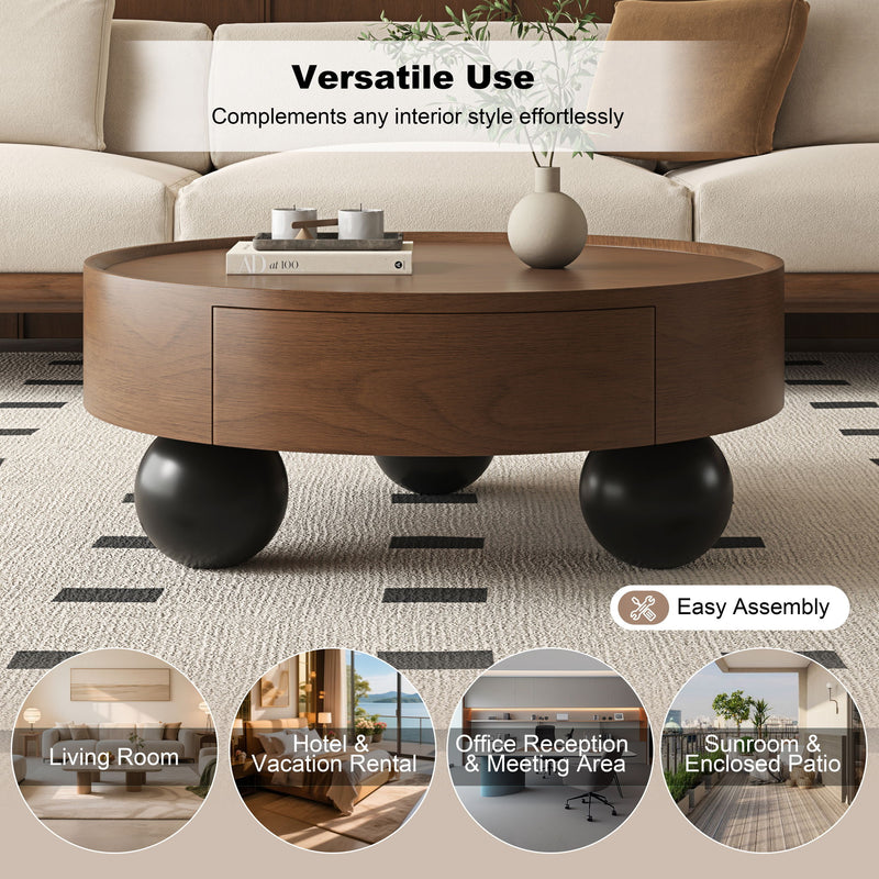 Round Coffee Table With Storage Drawer And Ball Feet - Walnut / Black
