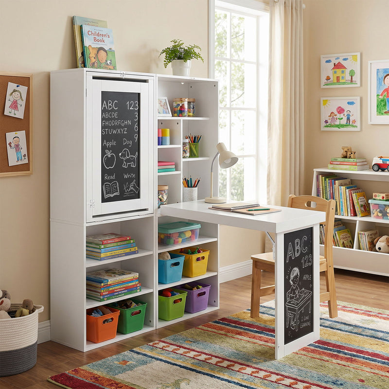 Folding Desk With Storage, Foldable Convertible Writing Table With Blackboard And Shelves For Home Office