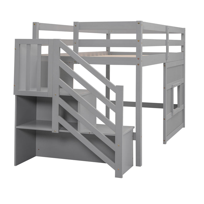 Loft Bed With Storage Staircase, Window & LED Light