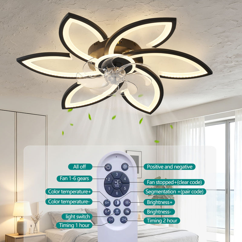 30" Flower 6 Speed Ceiling Fan With Remote Controlled LED Lights, Low Profile Flush Mount Fan