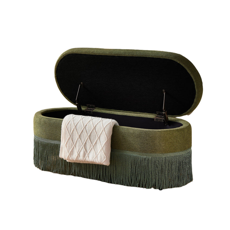 Oval Upholstered Storage Ottoman With Fringe Trim & Lift Top Lid