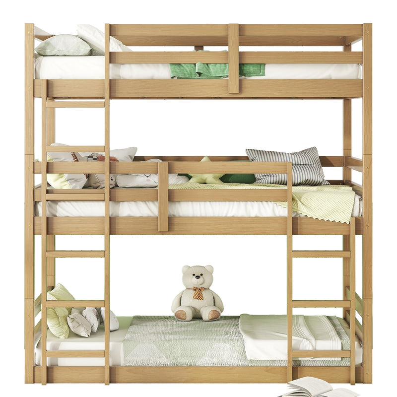 Twin Over Twin Over Twin Triple Bunk Bed With 2 Built In Ladders, Guardrails - Natural