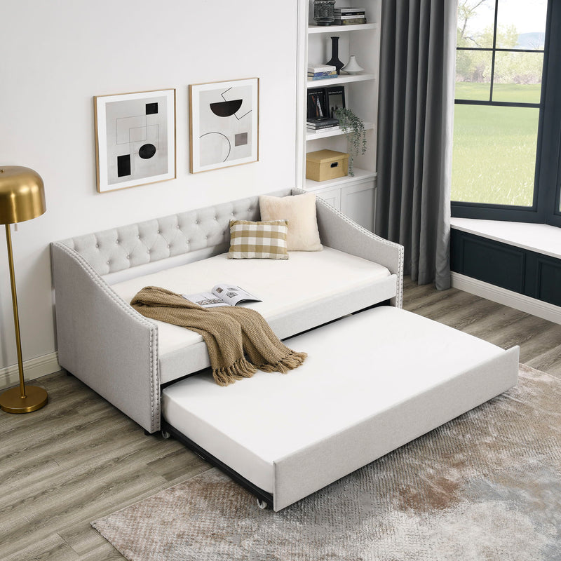 Upholstered Tufted Daybed With Drawers, Waved Arms