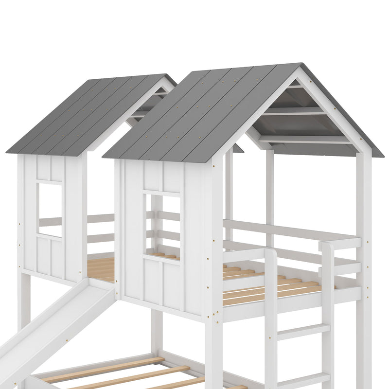 Twin Over Twin House Bunk Bed & Slide And Windows - White