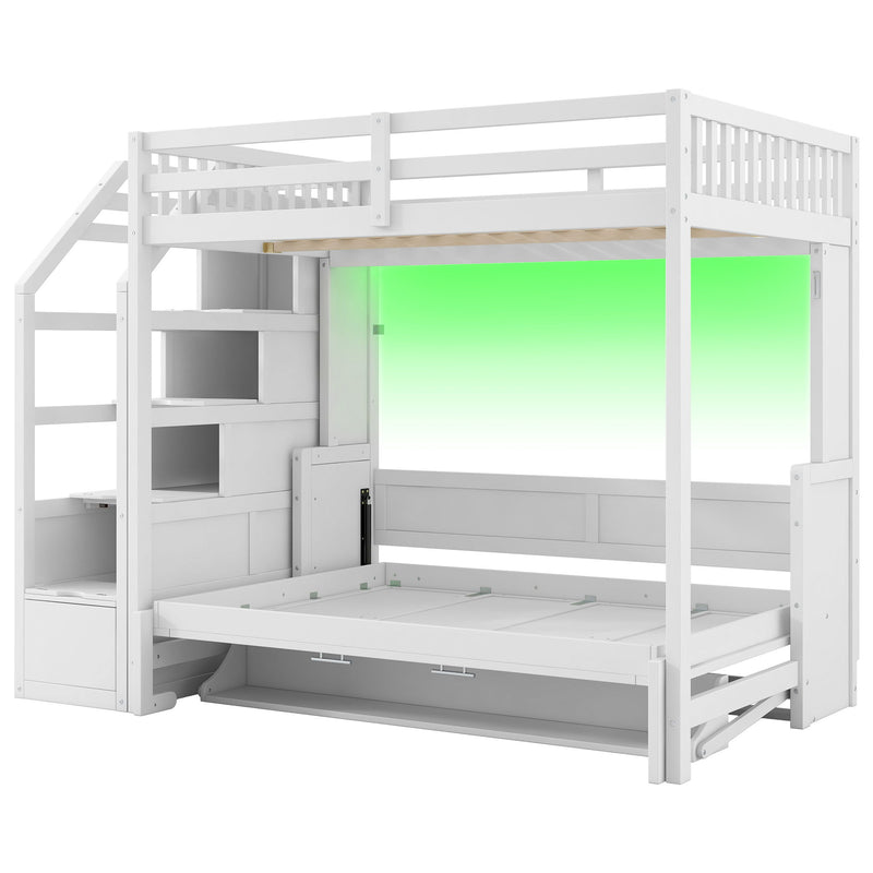 Full Long Loft Bed With Storage Staircase, Murphy Bed, LED Light - White