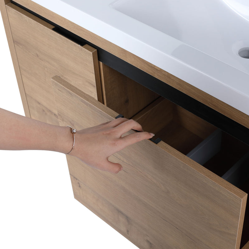 Modern Floating Bathroom Vanity Cabinet With Resin Sink Soft Close Doors And Drawer - Imitative Oak