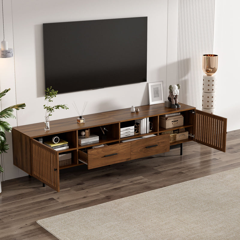 TV Stand, Media Console With 2 Drawers, Soft Closing Slatted Doors, Living Room Entertainment Center - Walnut