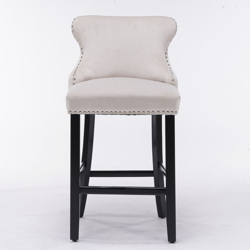 Contemporary Upholstered Wing-Back Barstools With Button Tufted Decoration And Wooden Legs, And Nailhead Trim, Leisure Style Bar Chairs, Bar Stools (Set of 2)