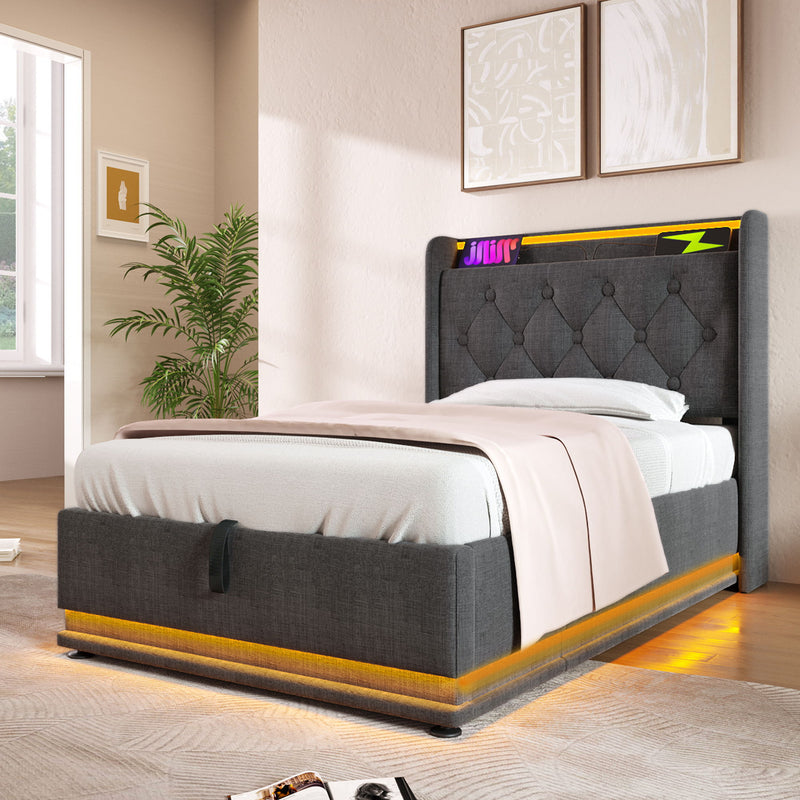 Upholstered Bed, 360 Surround LED Function, Remote Control, Hydraulic Storage Bed With USB, Type-C Charging (Without Mattress)