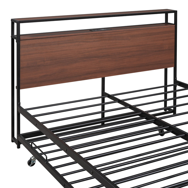 Platform Bed Frame With Trundle, USB Ports And Slat Support, No Box Spring Needed