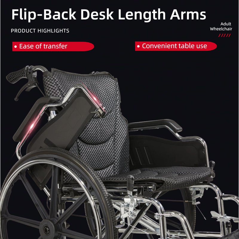 Lightweight Wheelchair Foldable 300 Lbs Capacity 24" Tires Adjustable Seat Belt And Anti Backflip Device Safe And Durable Transport Chair For And Disabled - Silver