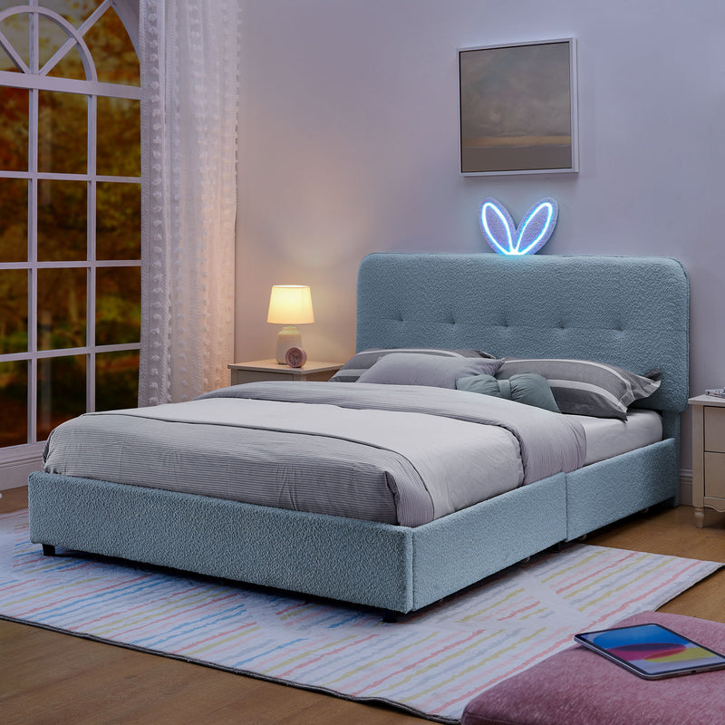 Upholstered Bed With Oversized Rabbit Ear Headboard, LED Lights & 4 Storage Drawers