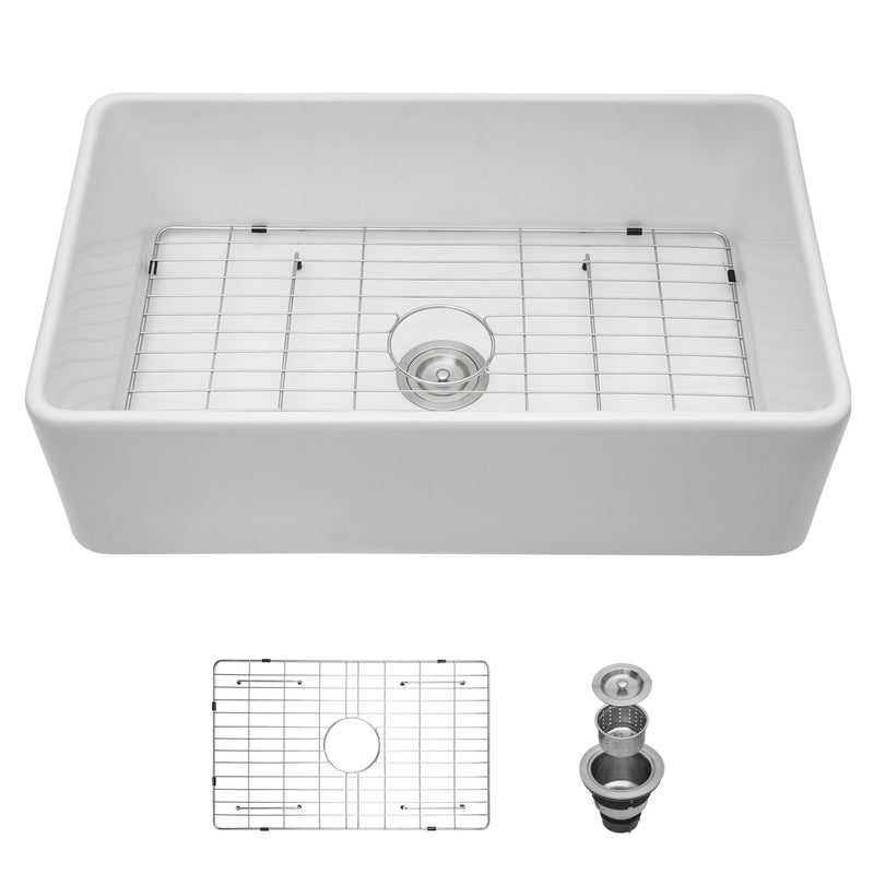Elegant Farmhouse Apron Front Ceramic Single Bowl, Kitchen Basin