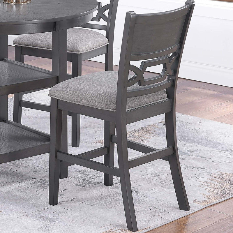 5 Piece Counter Height Dining Set With Storage Shelves Round Table And Upholstered High Chairs - Gray