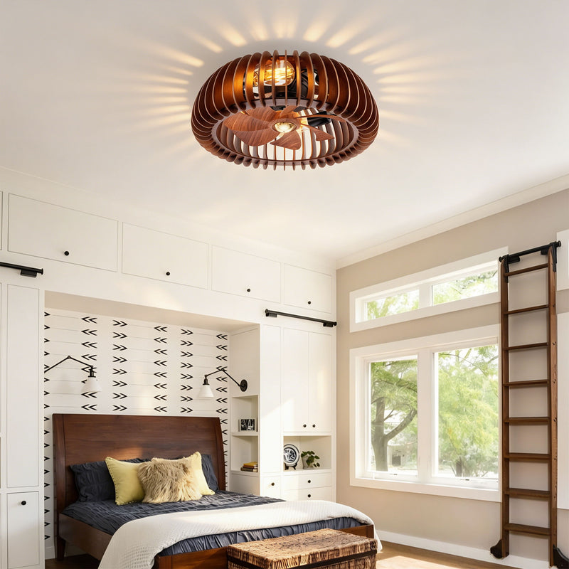 Semicircle Flush Mount Fan Light, (No Included Bulbs) And Remote Control, 6 Speeds, Quiet DC Motor For Living Room - Wood