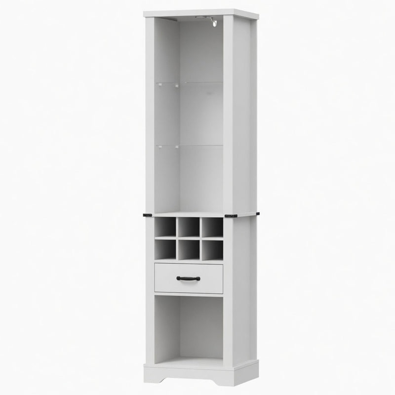 Pantry Cabinet With LED Lights, Wine Rack, Tempered Glass Shelves, And Barn Door Design - White
