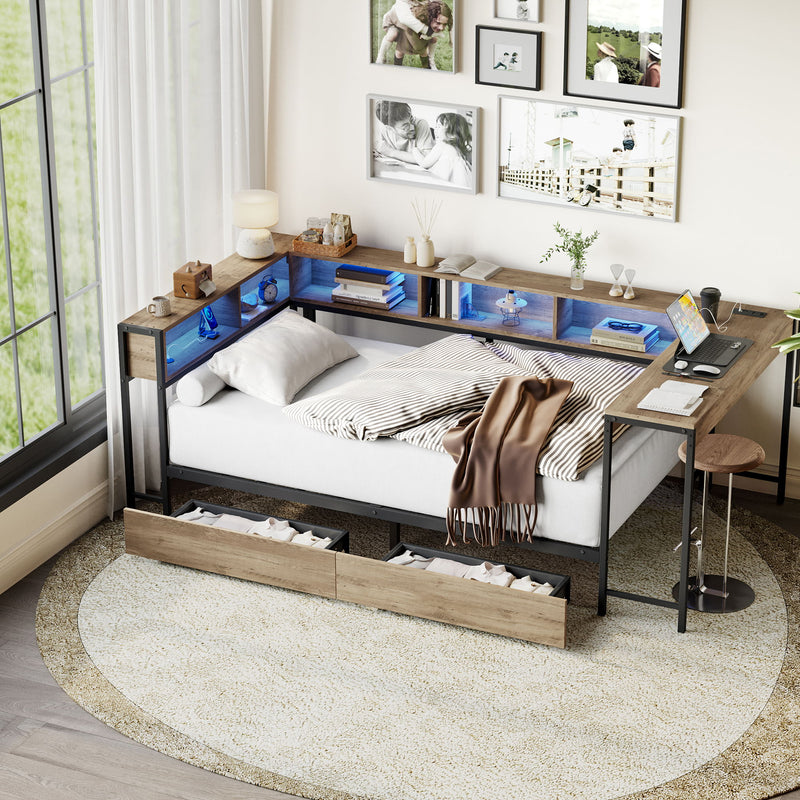 Corner Bed Frame Twin Size With Bookcase And 2 Underbed Storage Drawers, Modern Twin Bed With LED Light And Charging Station, Modern Daybed Reversible Left Or Right - Gray