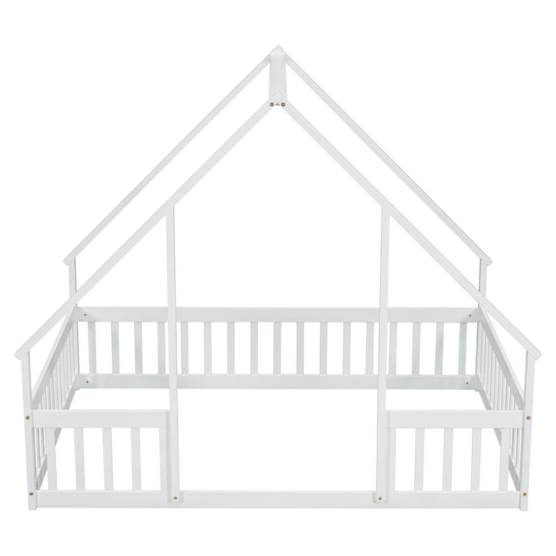 Wood House-Shaped Floor Bed With Fence, Guardrails