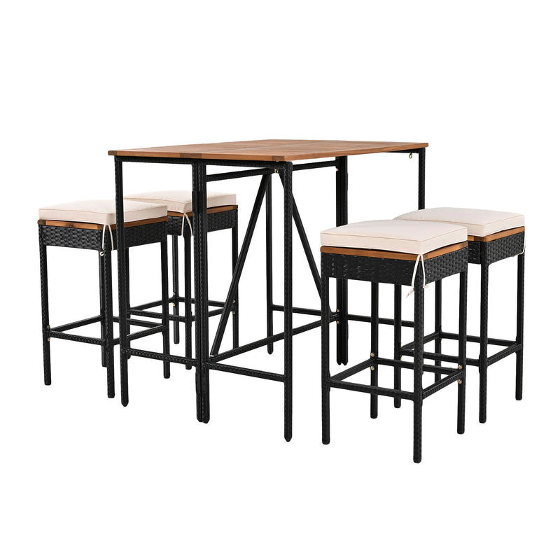 Outdoor Acacia Wood Bar Height Table And Eight Stools With Cushions