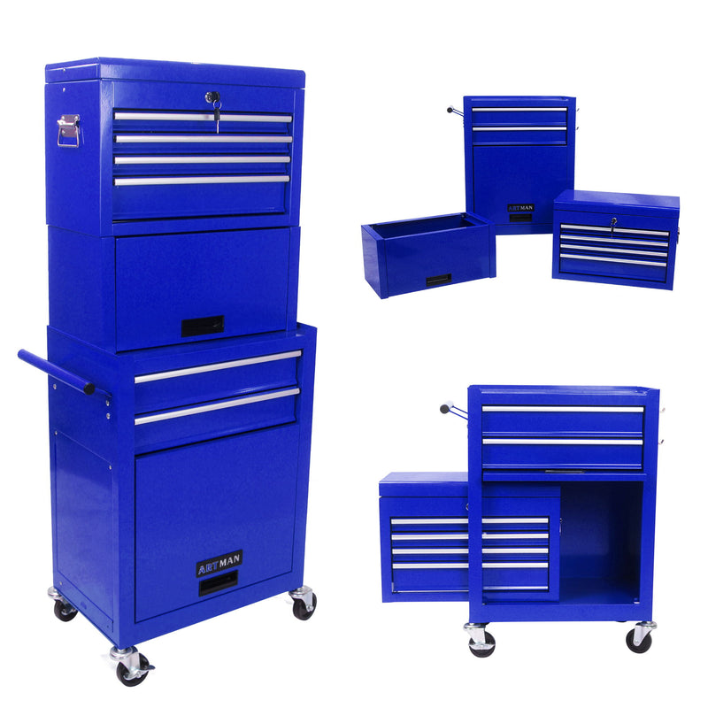 6 Drawer Lockable Tool Cabinet On Wheels, Steel Rolling Tool Chest With Detachable Toolbox