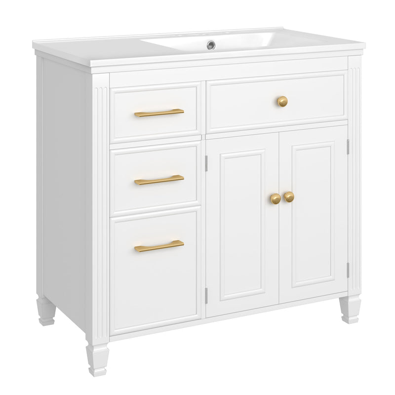 Modern Bathroom Vanity With Ceramic Sink, Freestanding, One Tip Out Drawer, 3 Side Drawers, Adjustable Shelf
