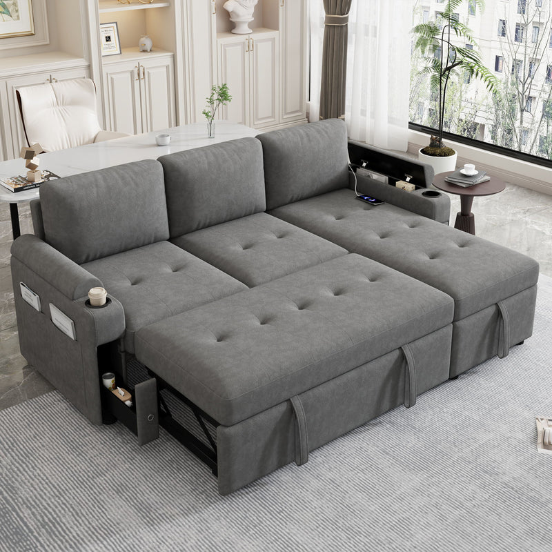 Convertible L Shaped Sofa Couch With Storage, Cup Holders, USB Ports