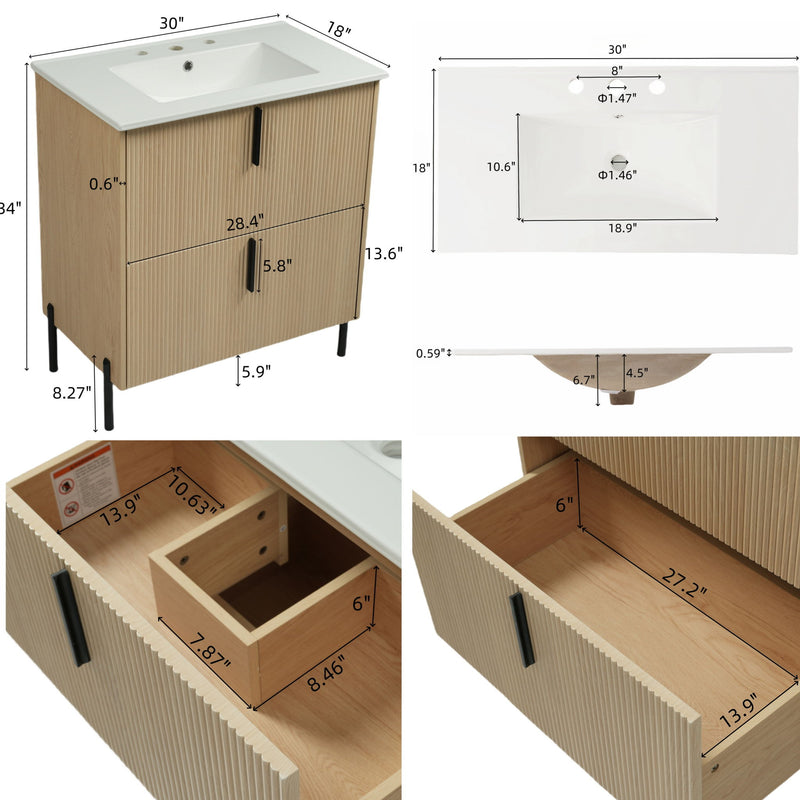 Bathroom Vanity With Ceramic Sink, Fluted Design