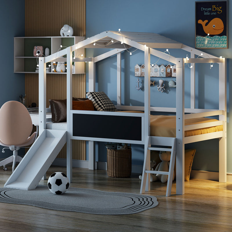 Loft House Bed With Ladder And Slide, With board And Light Strip On The Roof