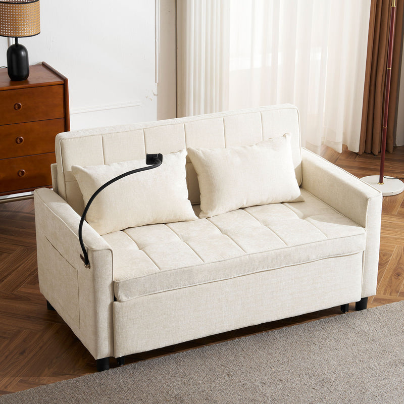 Pull-Out Sleeper Sofa With Reversible Backrest Cushion, Side Pockets, 2 USB Ports And A Phone Holder For Living Room