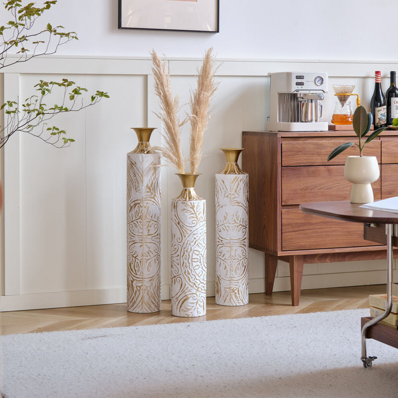 Floor Metal Vases Decorated Metal Vases (Set of 3) Gorgeous Home Decoration Large Glazed Metal Vases - White / Gold
