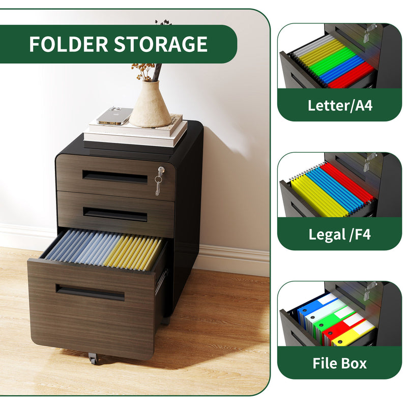 3-Drawer Mobile File Cabinet With Lock, On Casters, Holds A4/Letter Files