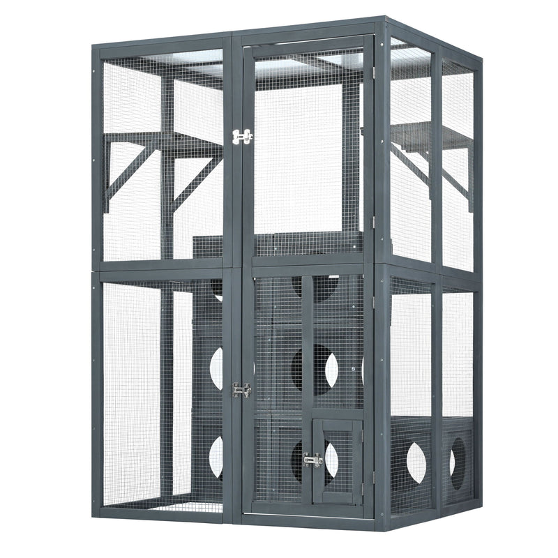 Outdoor Cat House With Shelves And Weather Protection, Removable Wood Boxes - Gray