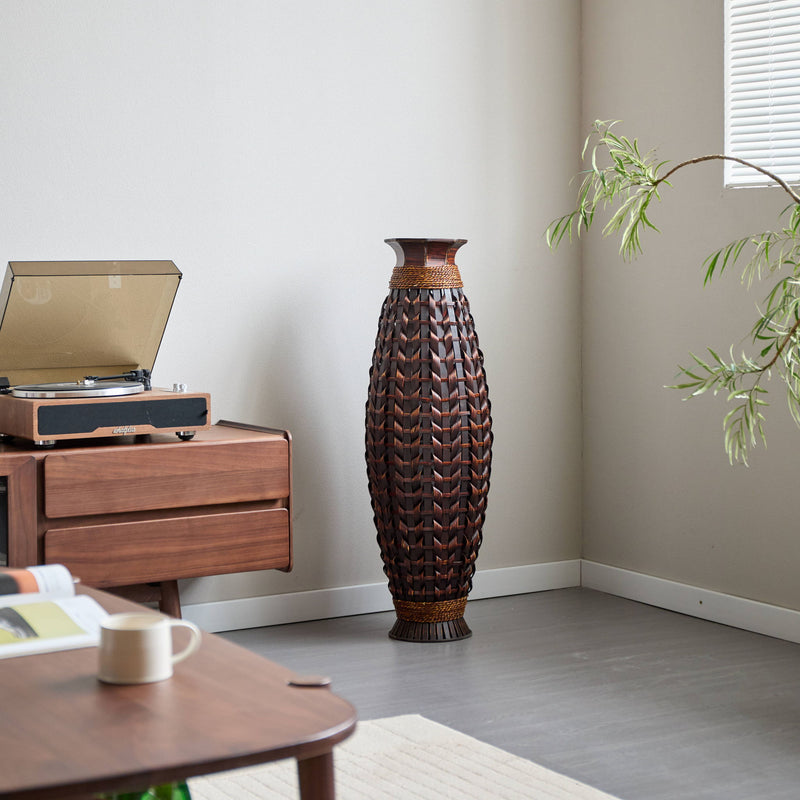 Hand Woven Bamboo Floor Vase, Decorative Accent For Living Room - Acacia Wood